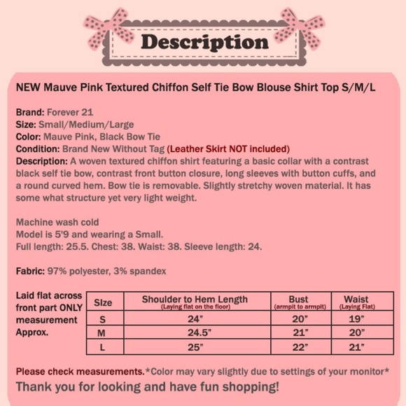 Mauve Pink Bow Tie Button Shirt Chiffon Blouse Top - Picture 8 of 8